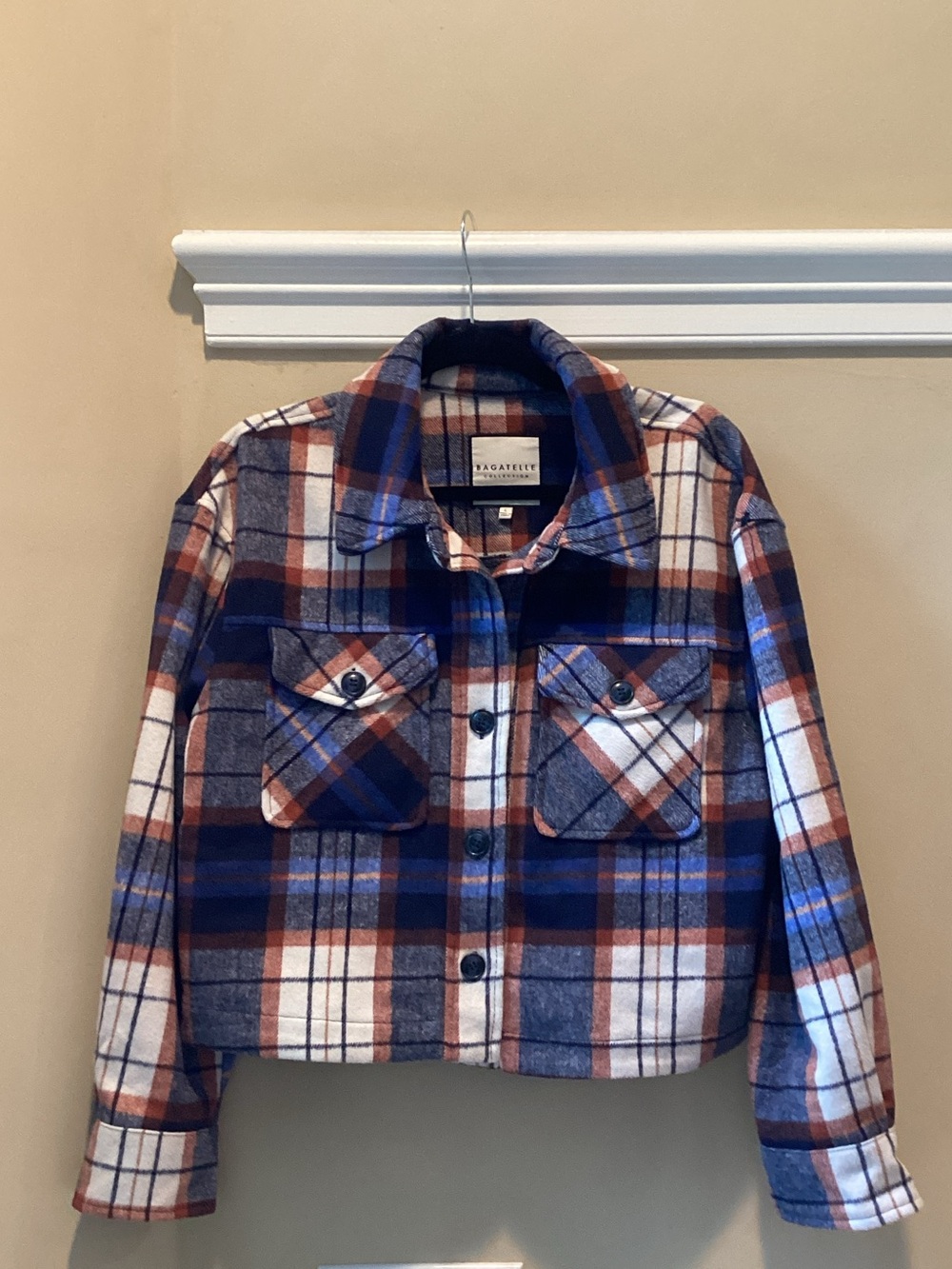 bagatelle women’s Blue, Rust and White Plaid Flannel Shirt Jacket